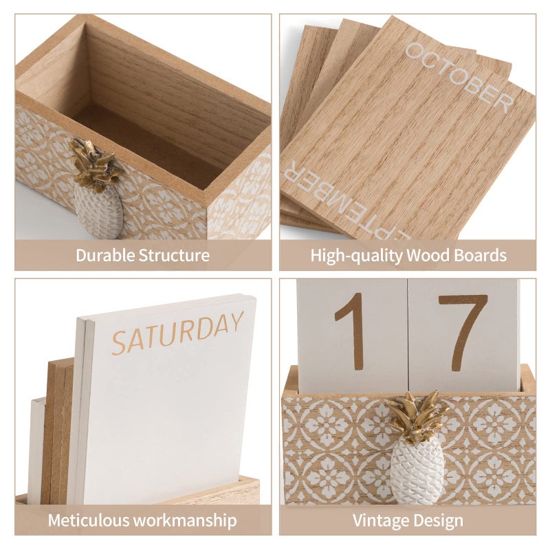 Aovdy Block Calendar for Desk 2025  Wood Desk Perpetual Calendar  Valentines Day Gift Daily Desktop Vintage Wooden Blocks for Home Farmhouse Office Aesthetic Decor Rustic Decoration Brown Pineapple - Image 4